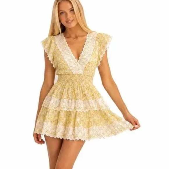 American Eagle Dresses & Skirts - American Eagle Yellow Floral Layered Lace Boho Mini Dress